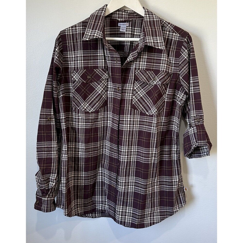 Carhartt Button Down Long Sleeve Roll Tab Shirt Maroon Plaid Women’s Size Large